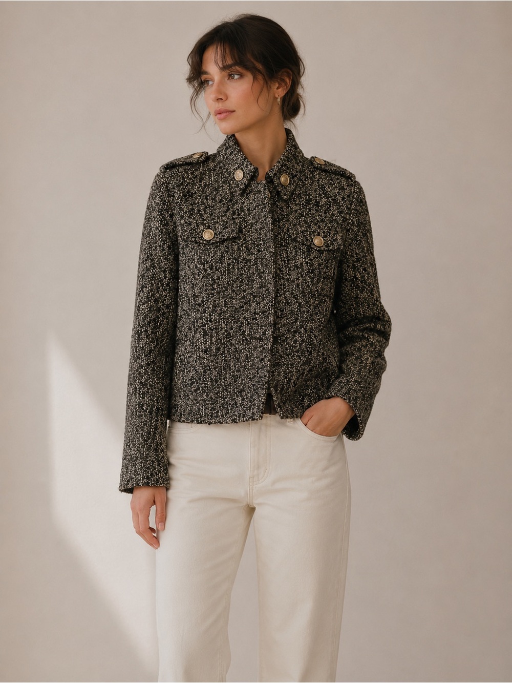 Signature by Larry Levine Black and Cream Tweed Military-Style Wool Jacket Sz 8